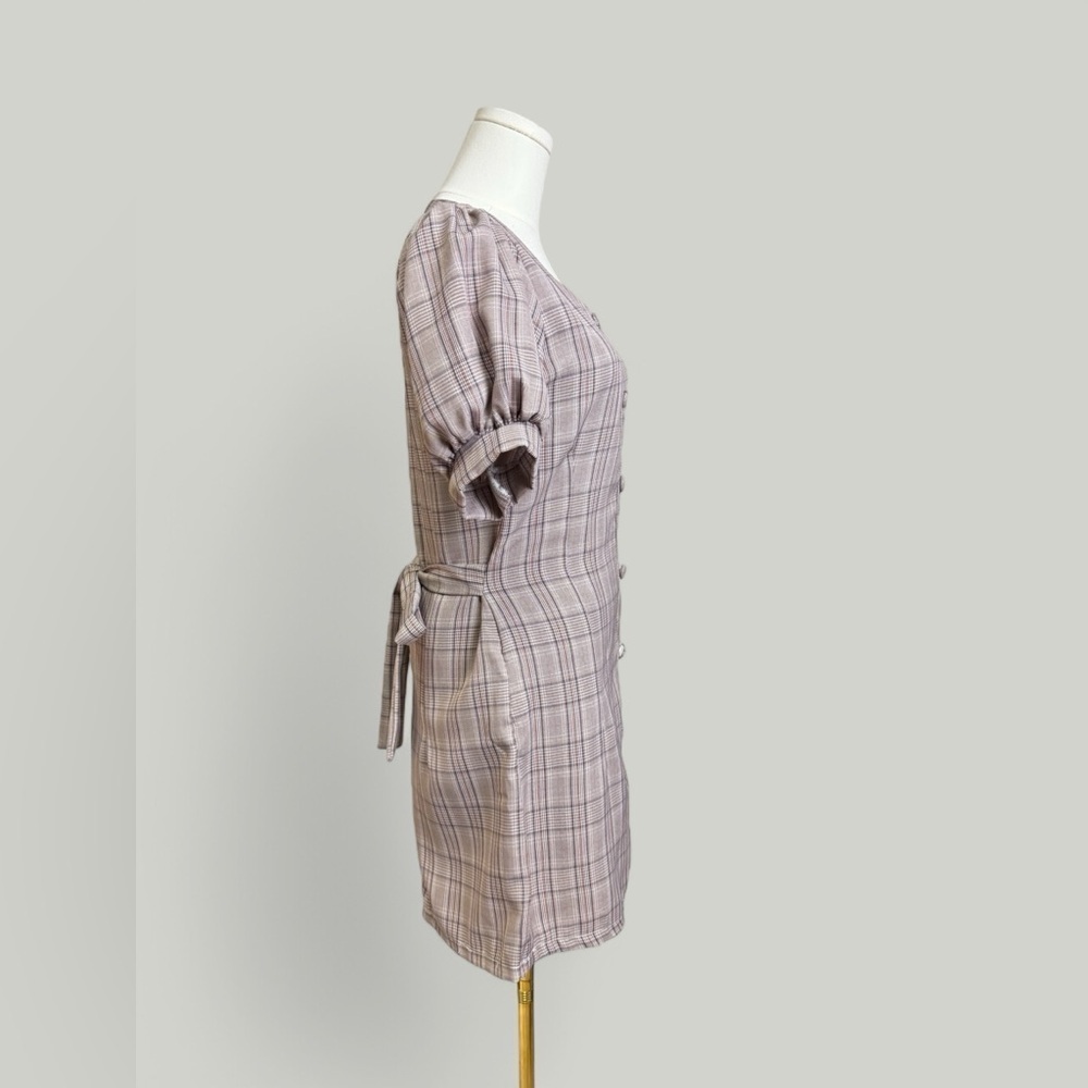 Plaid Dress Women Size Medium Brown Midi Sweetheart Neckline Puff Short Sleeves - Picture 3 of 11
